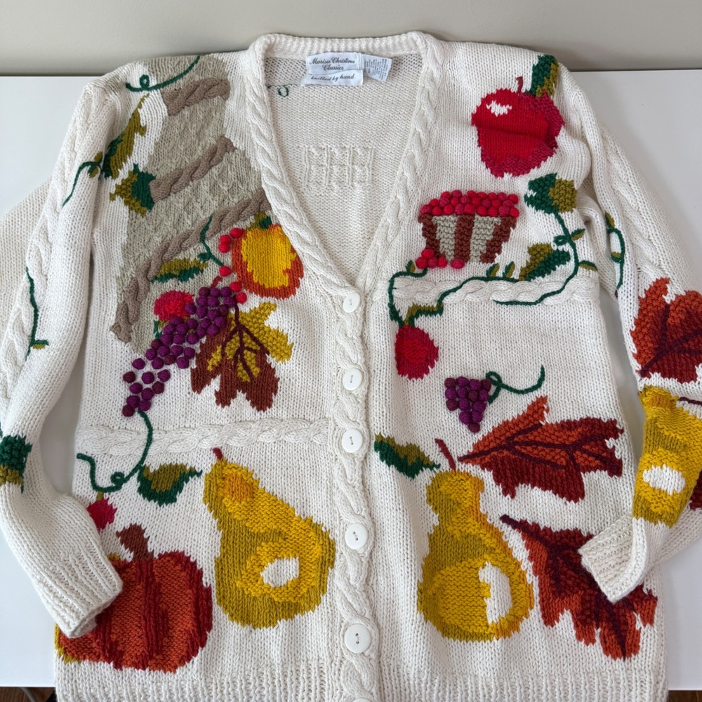 Marisa Christina Hand Knit Fruit Harvest Vintage Button Cardigan Fall Novelty M - Picture 7 of 8